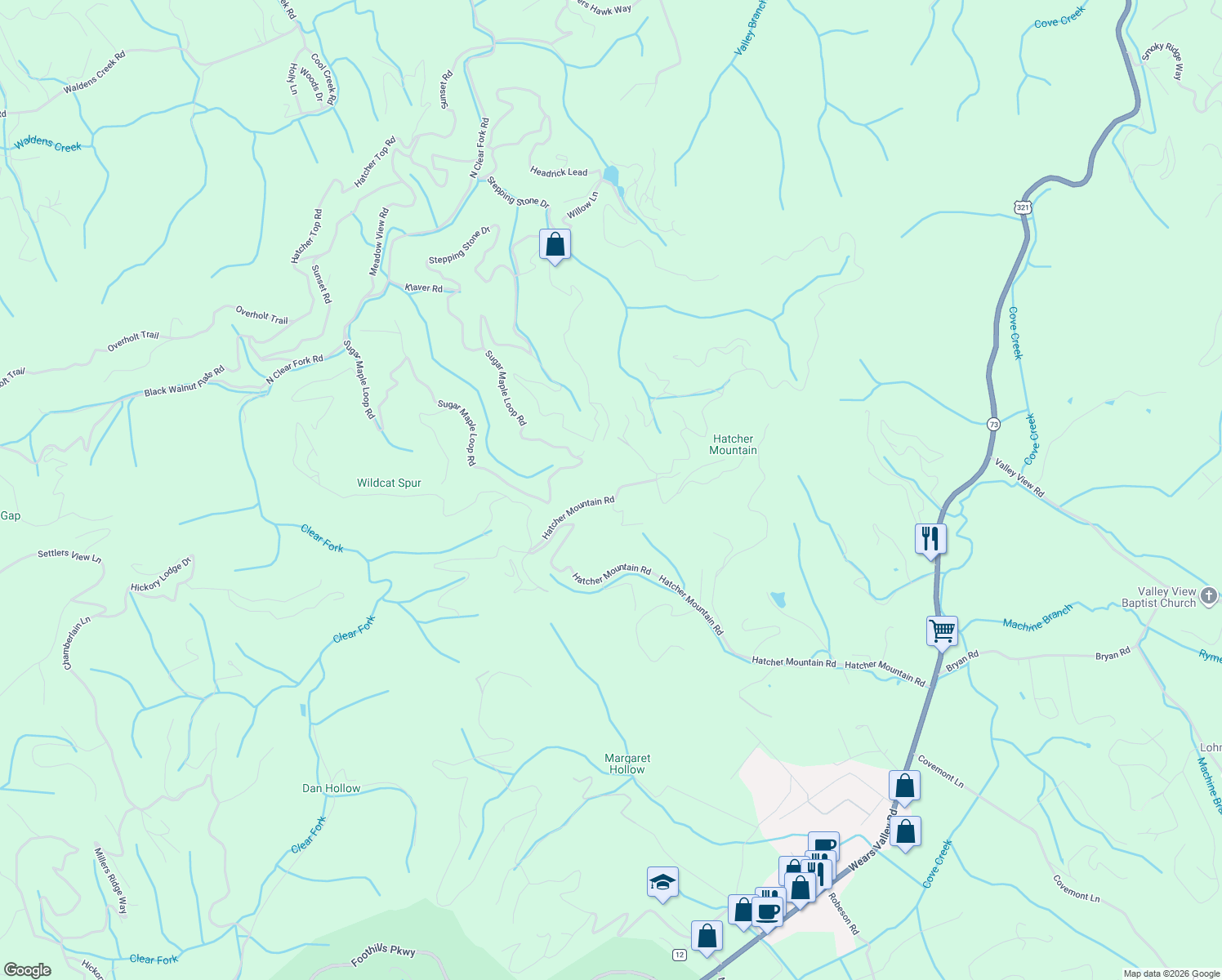map of restaurants, bars, coffee shops, grocery stores, and more near 2518 Hatcher Mountain Road in Pigeon Forge