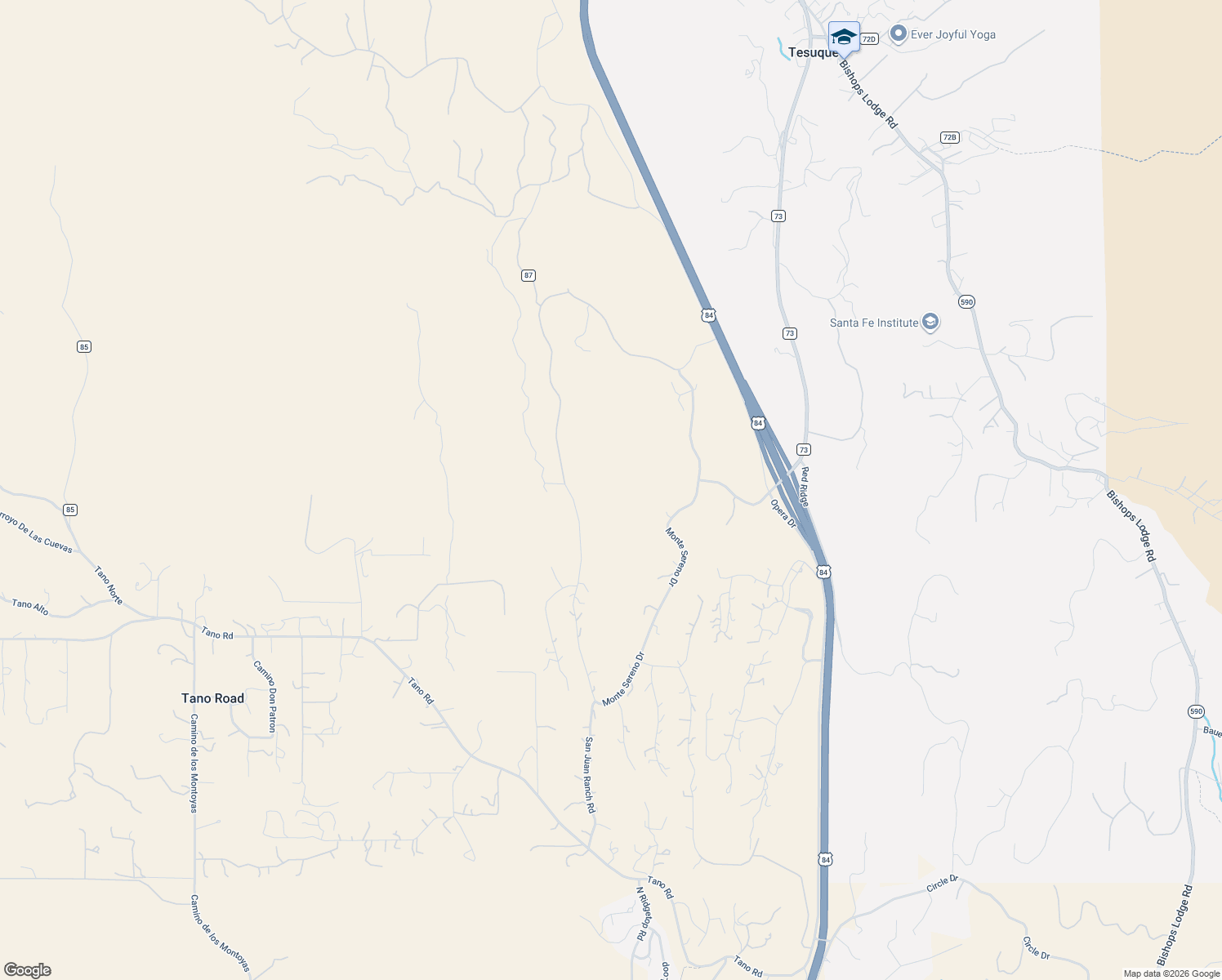 map of restaurants, bars, coffee shops, grocery stores, and more near 3305 Monte Sereno Drive in Santa Fe