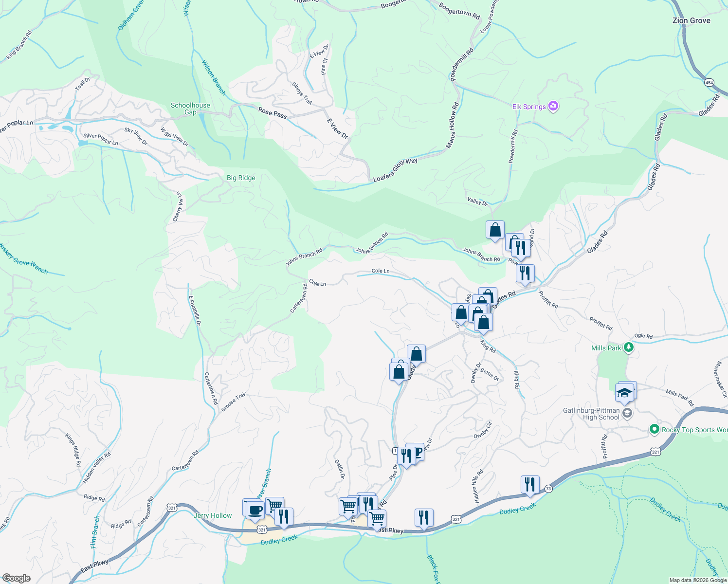 map of restaurants, bars, coffee shops, grocery stores, and more near 1106 Back Ridge Court in Gatlinburg