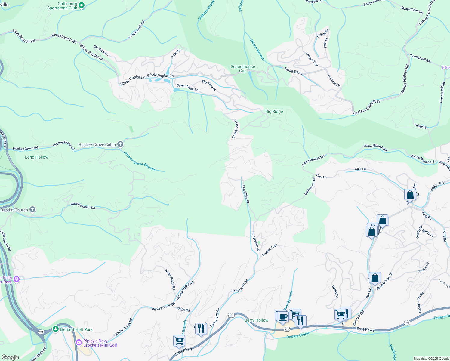 map of restaurants, bars, coffee shops, grocery stores, and more near 922 Smoky Court in Gatlinburg