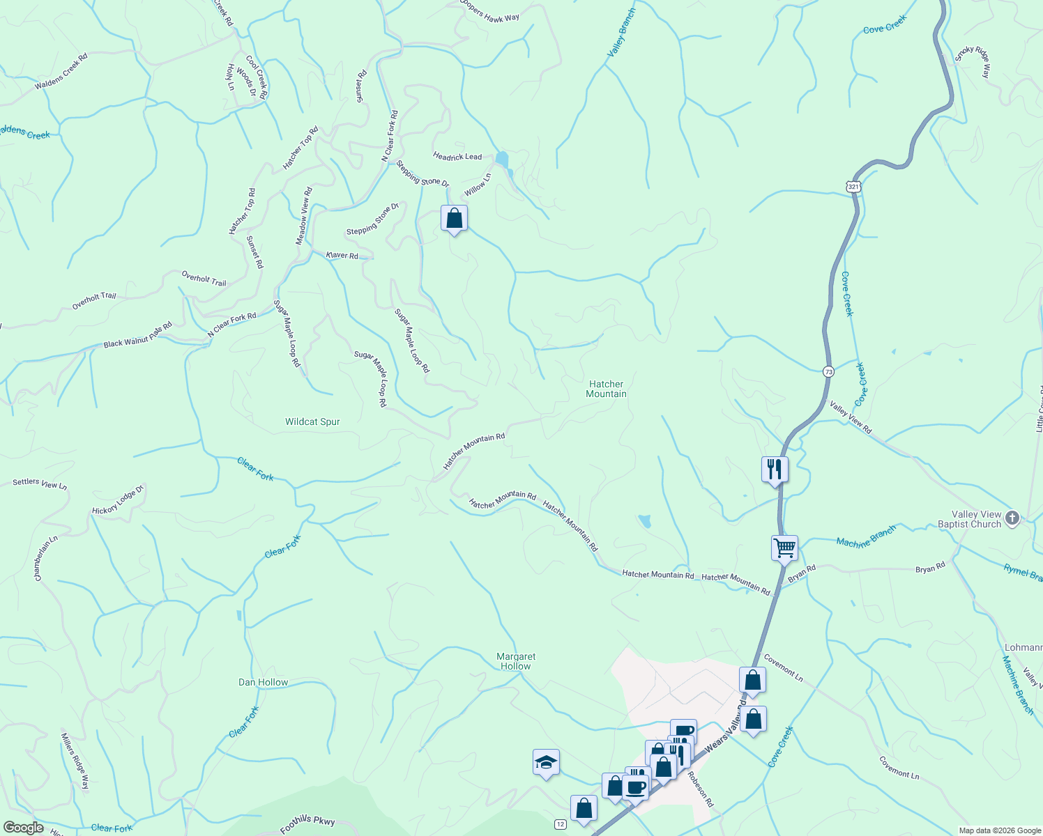 map of restaurants, bars, coffee shops, grocery stores, and more near 2518 Hatcher Mountain Road in Pigeon Forge
