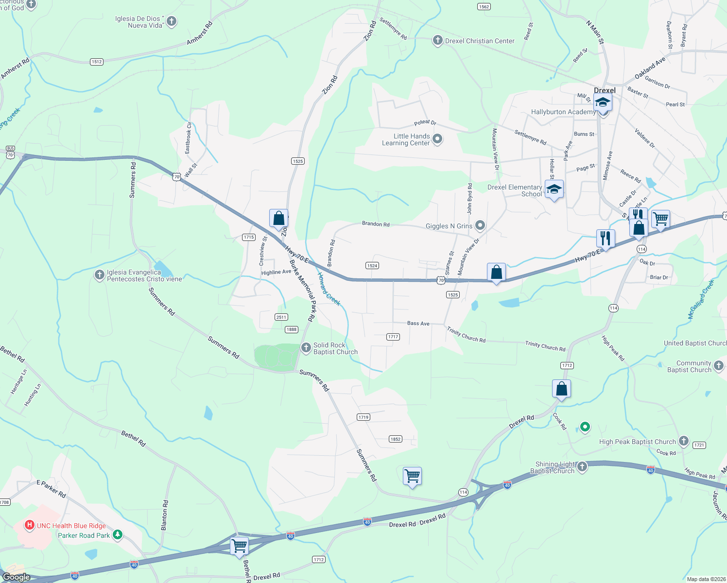 map of restaurants, bars, coffee shops, grocery stores, and more near 2418 Stoney Brook Street in Valdese