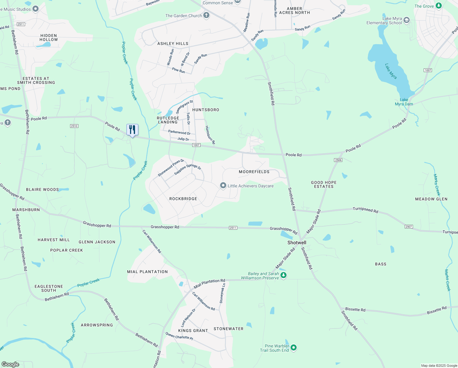 map of restaurants, bars, coffee shops, grocery stores, and more near 5717 Garnet Meadow Road in Knightdale