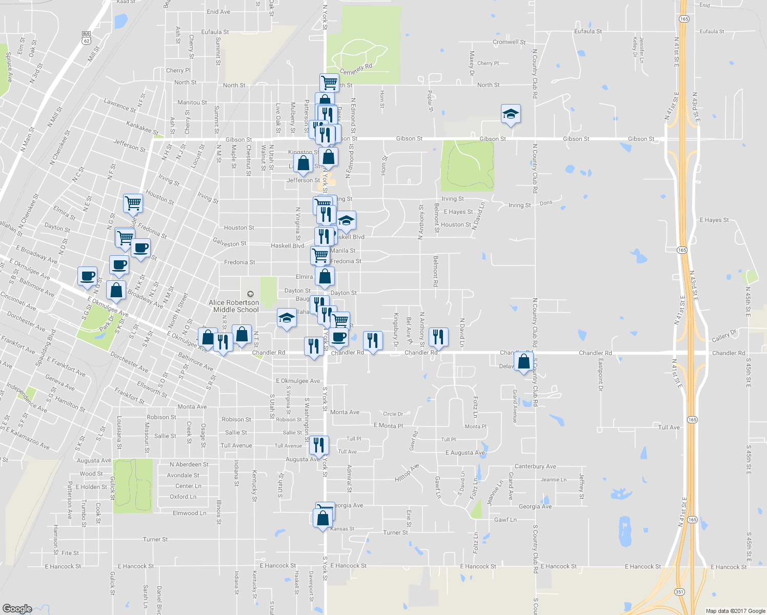 map of restaurants, bars, coffee shops, grocery stores, and more near 2605 Callahan Street in Muskogee