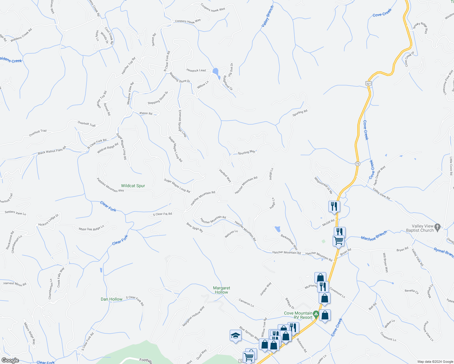map of restaurants, bars, coffee shops, grocery stores, and more near 2508 Hatcher Mountain Road in Pigeon Forge