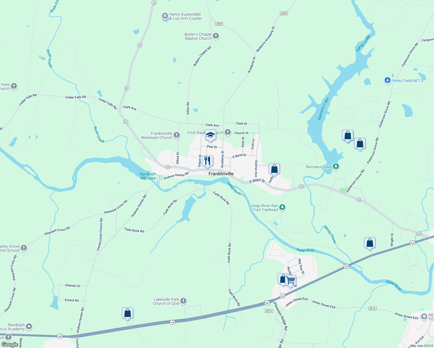 map of restaurants, bars, coffee shops, grocery stores, and more near 105 East Main Street in Thomasville