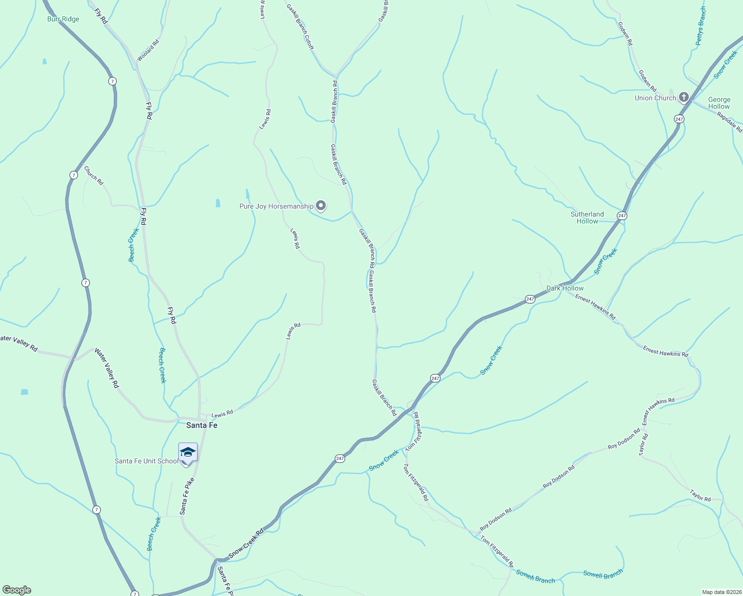 map of restaurants, bars, coffee shops, grocery stores, and more near 5323 Gaskill Branch Road in Santa Fe