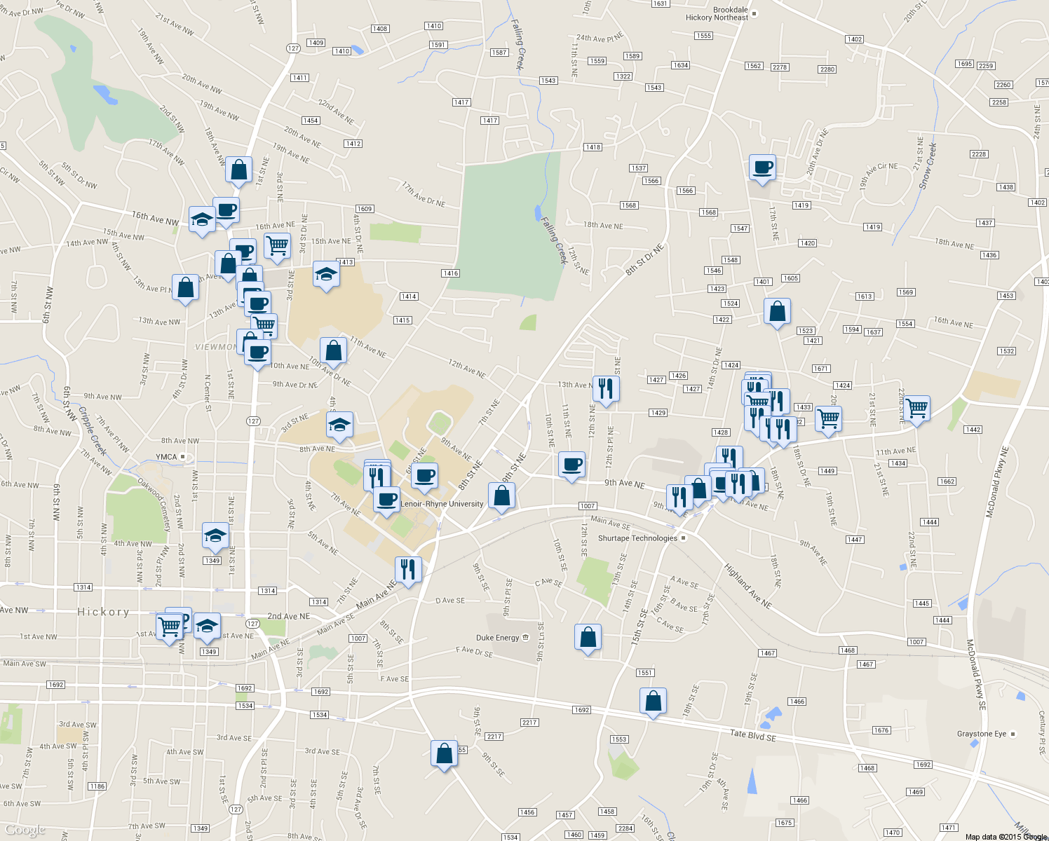map of restaurants, bars, coffee shops, grocery stores, and more near 1126 8th St NE in Hickory