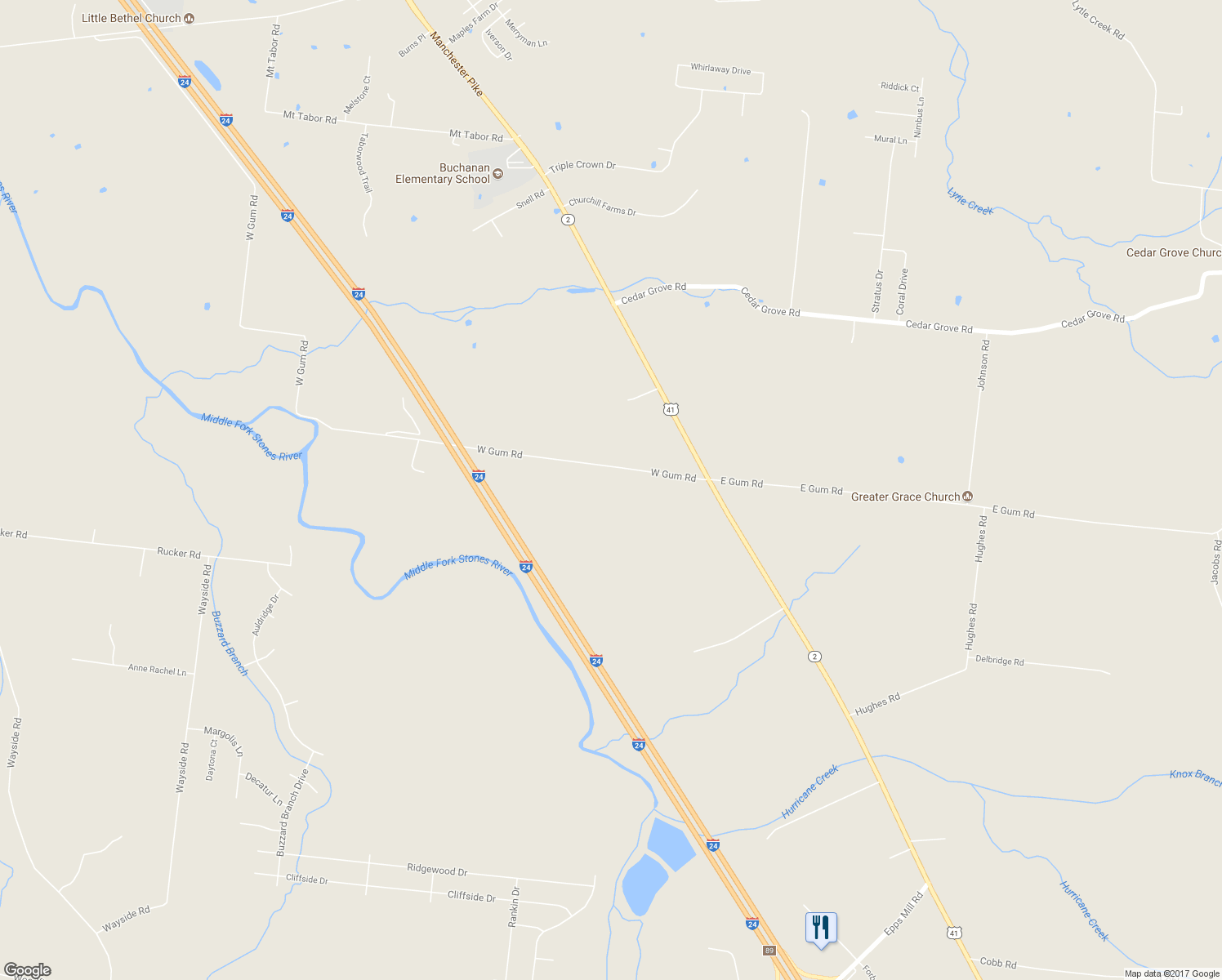 map of restaurants, bars, coffee shops, grocery stores, and more near 7138 West Gum Road in Murfreesboro