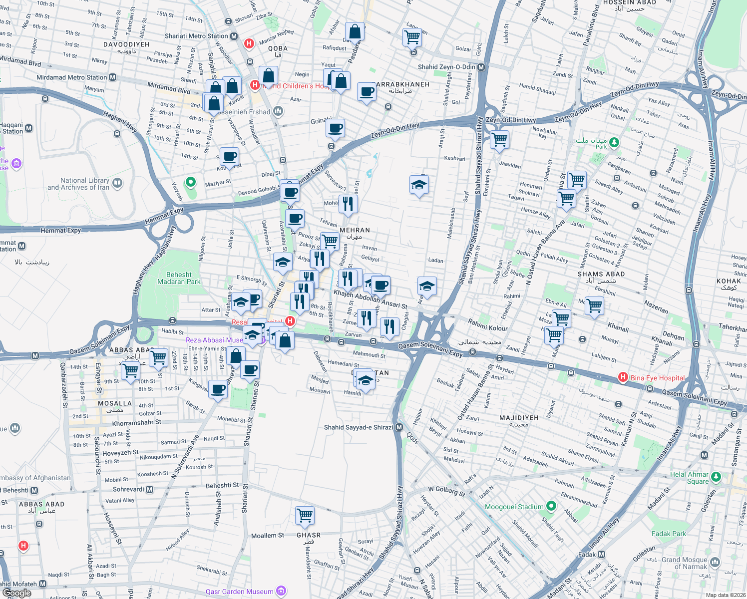 map of restaurants, bars, coffee shops, grocery stores, and more near Khajeh Abdollah Ansari in Tehran