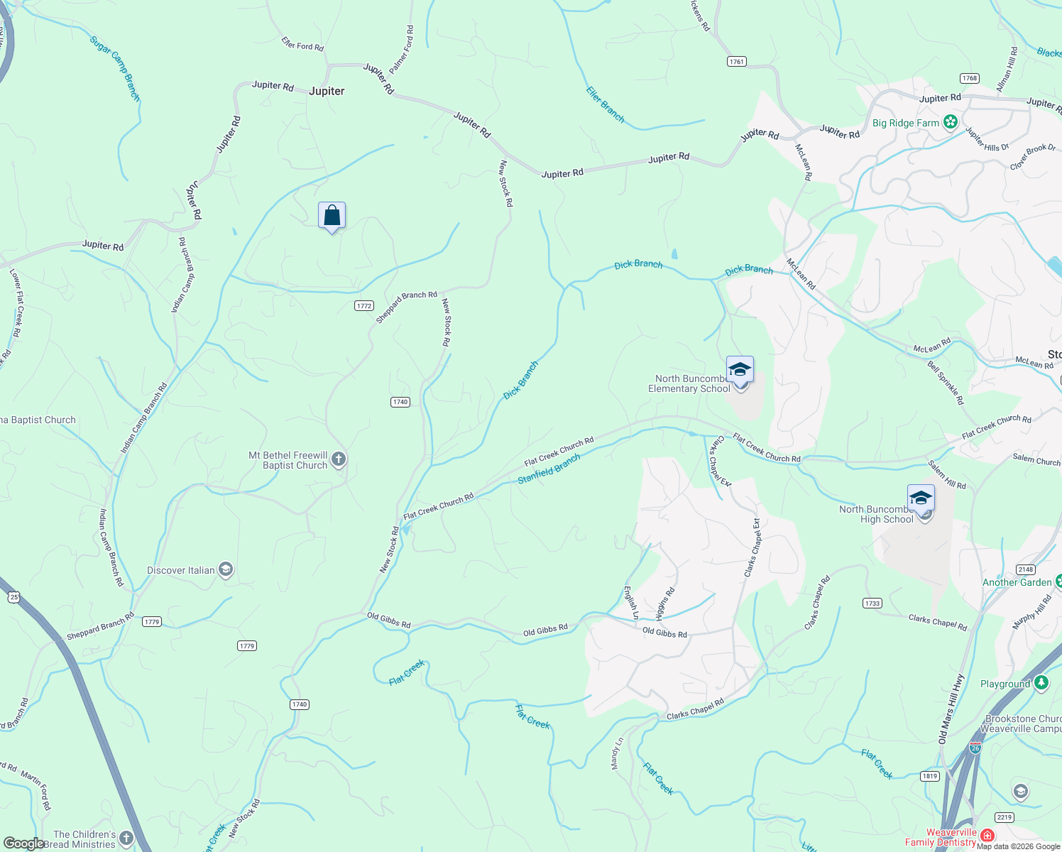 map of restaurants, bars, coffee shops, grocery stores, and more near 30 Morning Glory Lane in Weaverville
