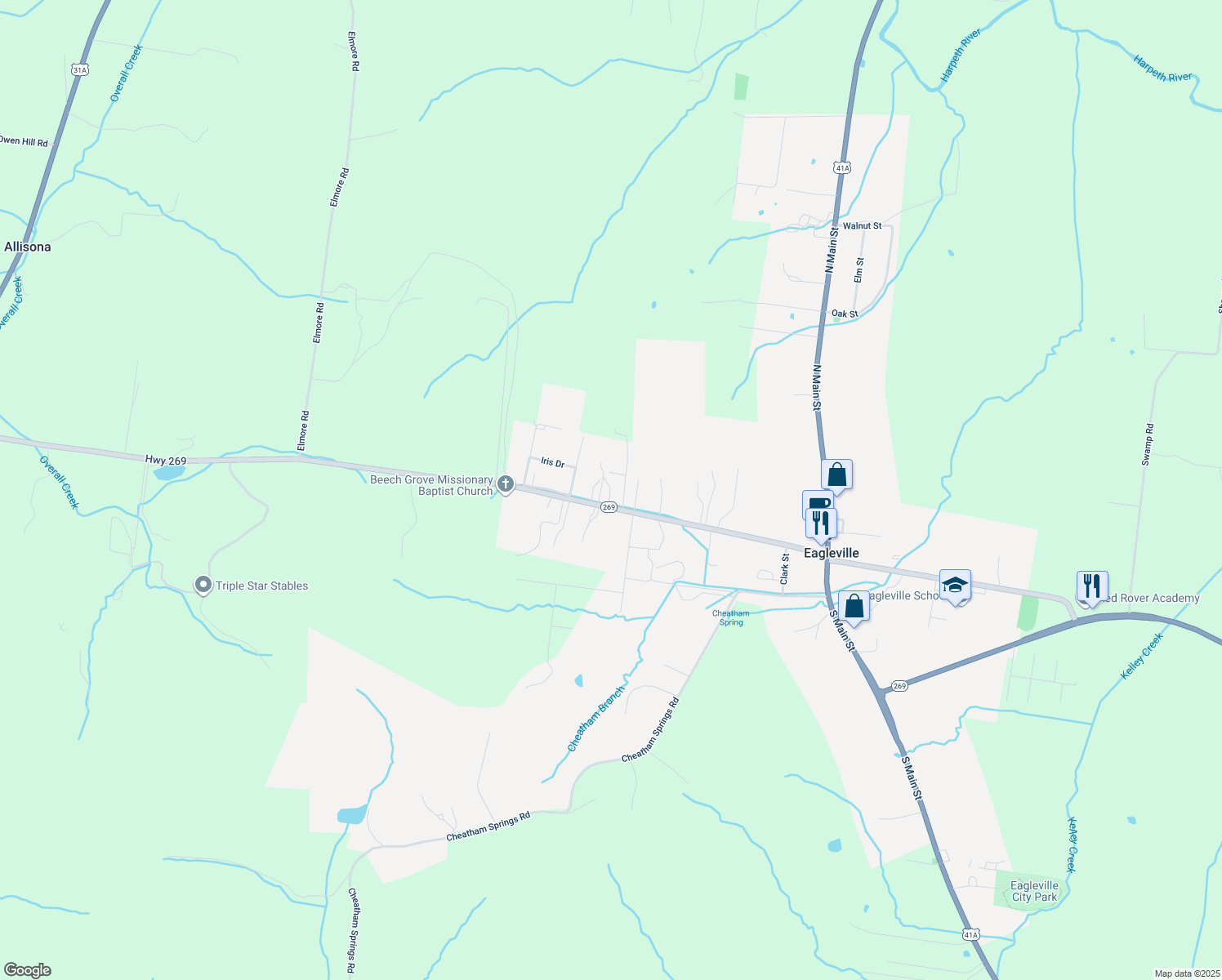 map of restaurants, bars, coffee shops, grocery stores, and more near 750 Allisona Road in Eagleville