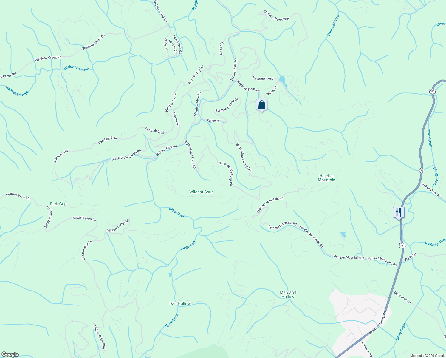 map of restaurants, bars, coffee shops, grocery stores, and more near 3325 Shagbark Hickory Ridge in Sevierville