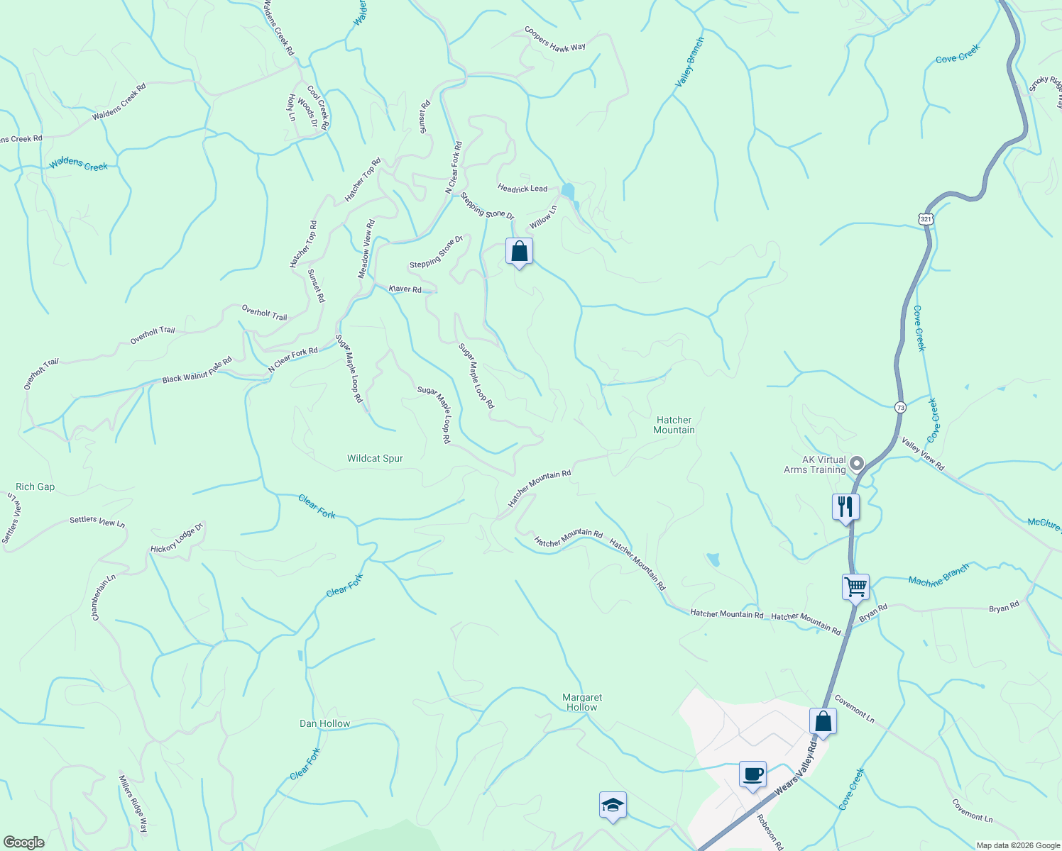 map of restaurants, bars, coffee shops, grocery stores, and more near 3361 Sugar Maple Loop Road in Sevierville