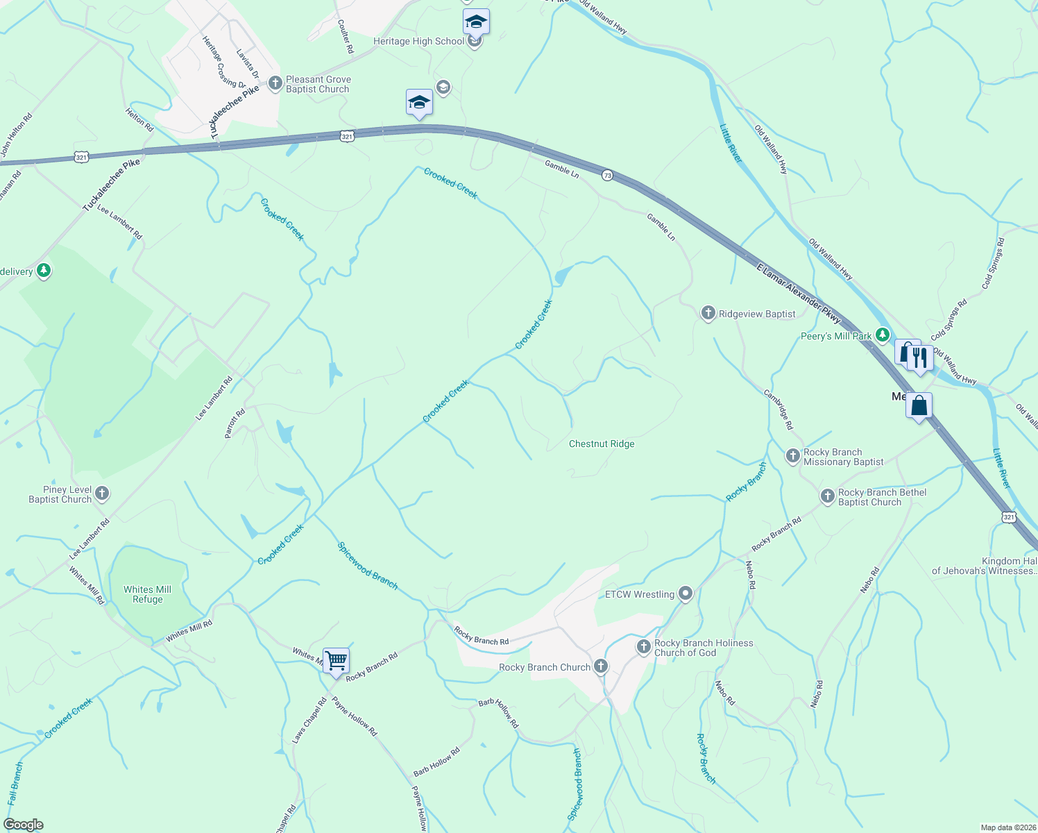 map of restaurants, bars, coffee shops, grocery stores, and more near 410 Trails End Road in Walland