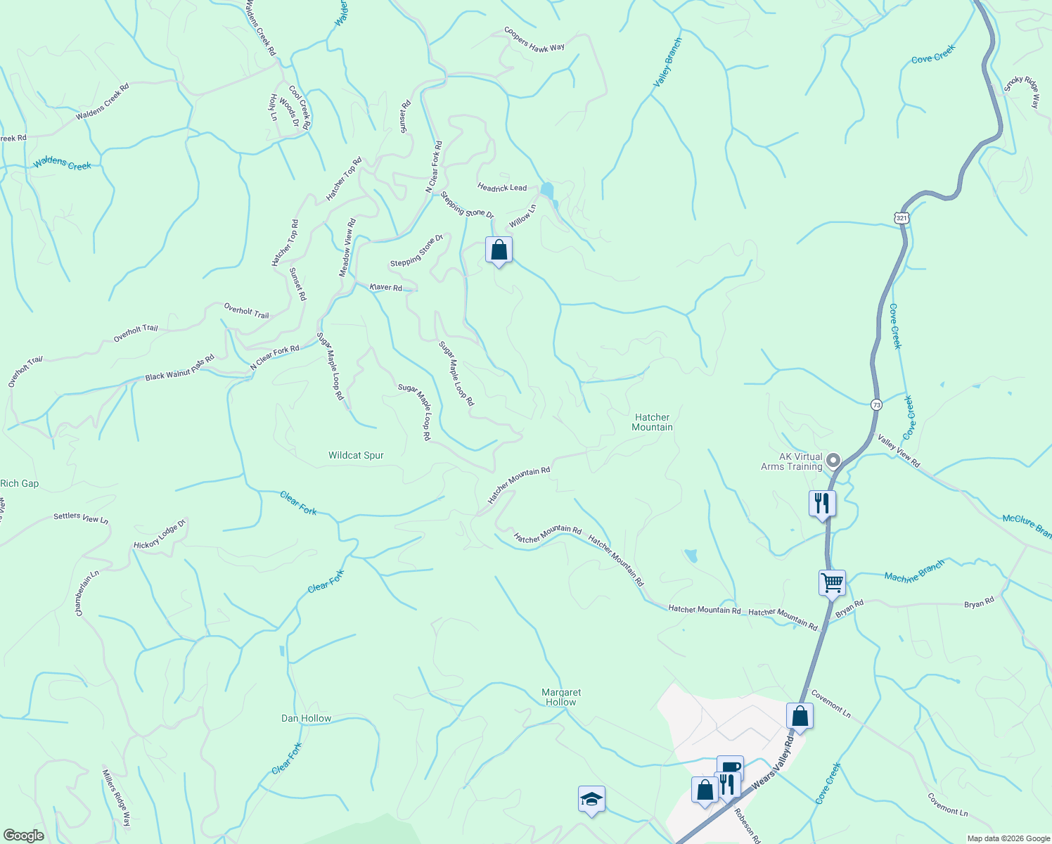 map of restaurants, bars, coffee shops, grocery stores, and more near 3182 Emerald Springs Loop in Pigeon Forge