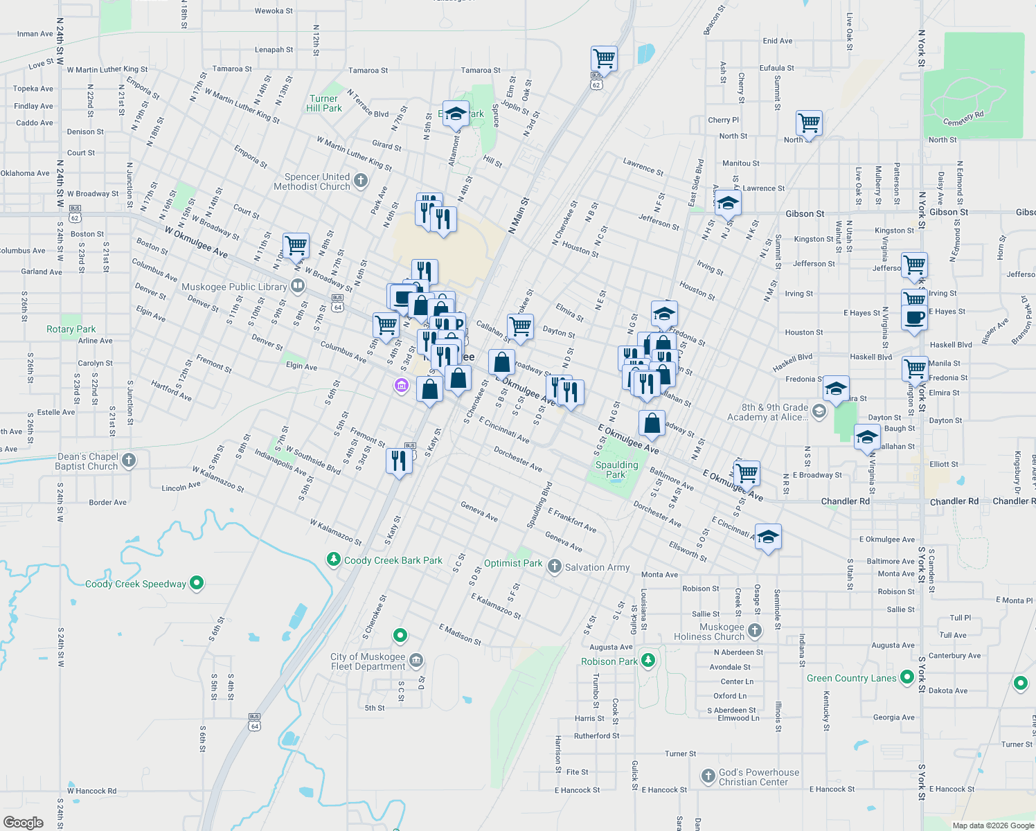 map of restaurants, bars, coffee shops, grocery stores, and more near 228 South C Street in Muskogee