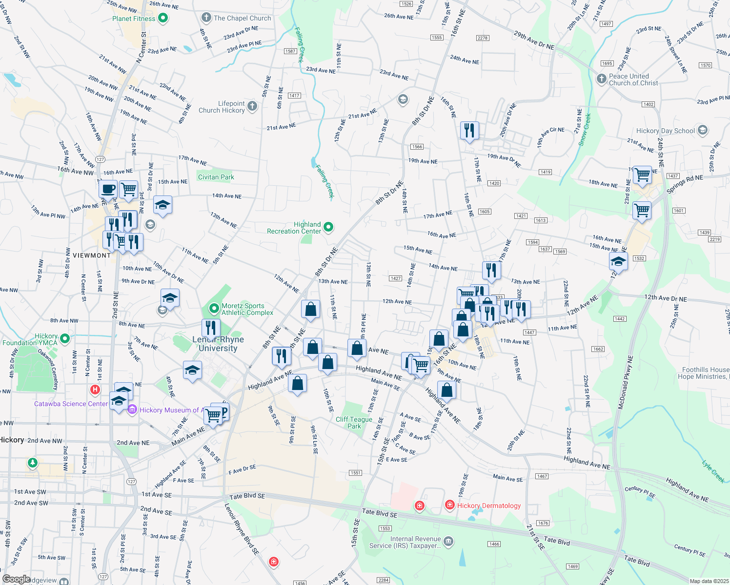 map of restaurants, bars, coffee shops, grocery stores, and more near 1225 13th Street Northeast in Hickory