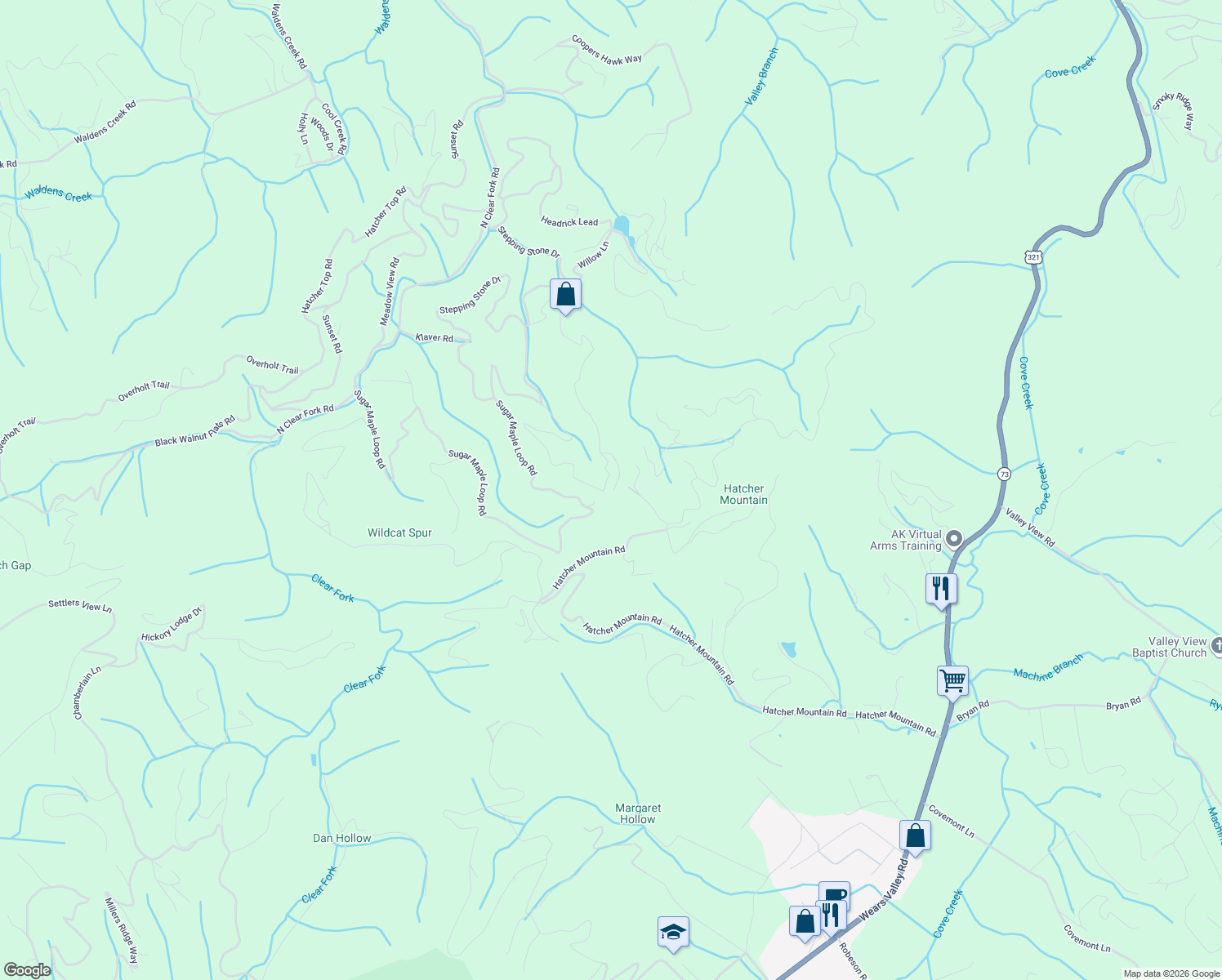 map of restaurants, bars, coffee shops, grocery stores, and more near 3182 Emerald Springs Loop in Pigeon Forge