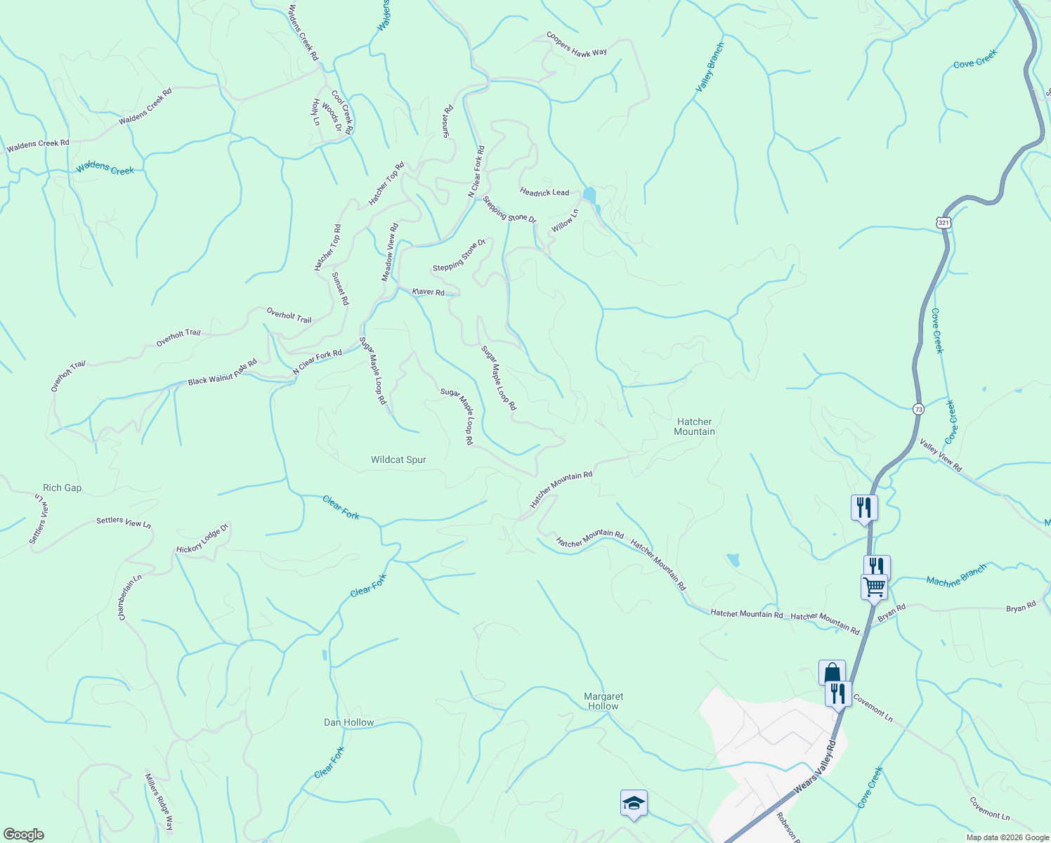 map of restaurants, bars, coffee shops, grocery stores, and more near 3417 Sugar Maple Loop Road in Sevierville