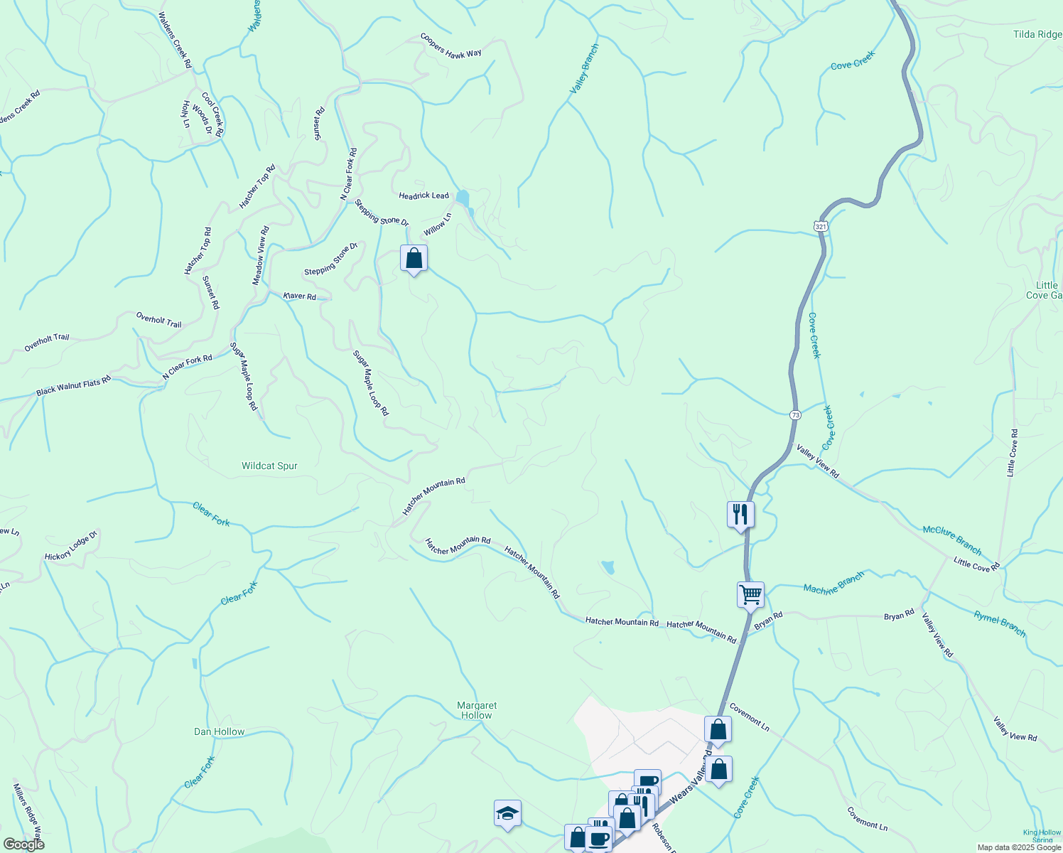 map of restaurants, bars, coffee shops, grocery stores, and more near 2245 Spurling Way in Sevierville