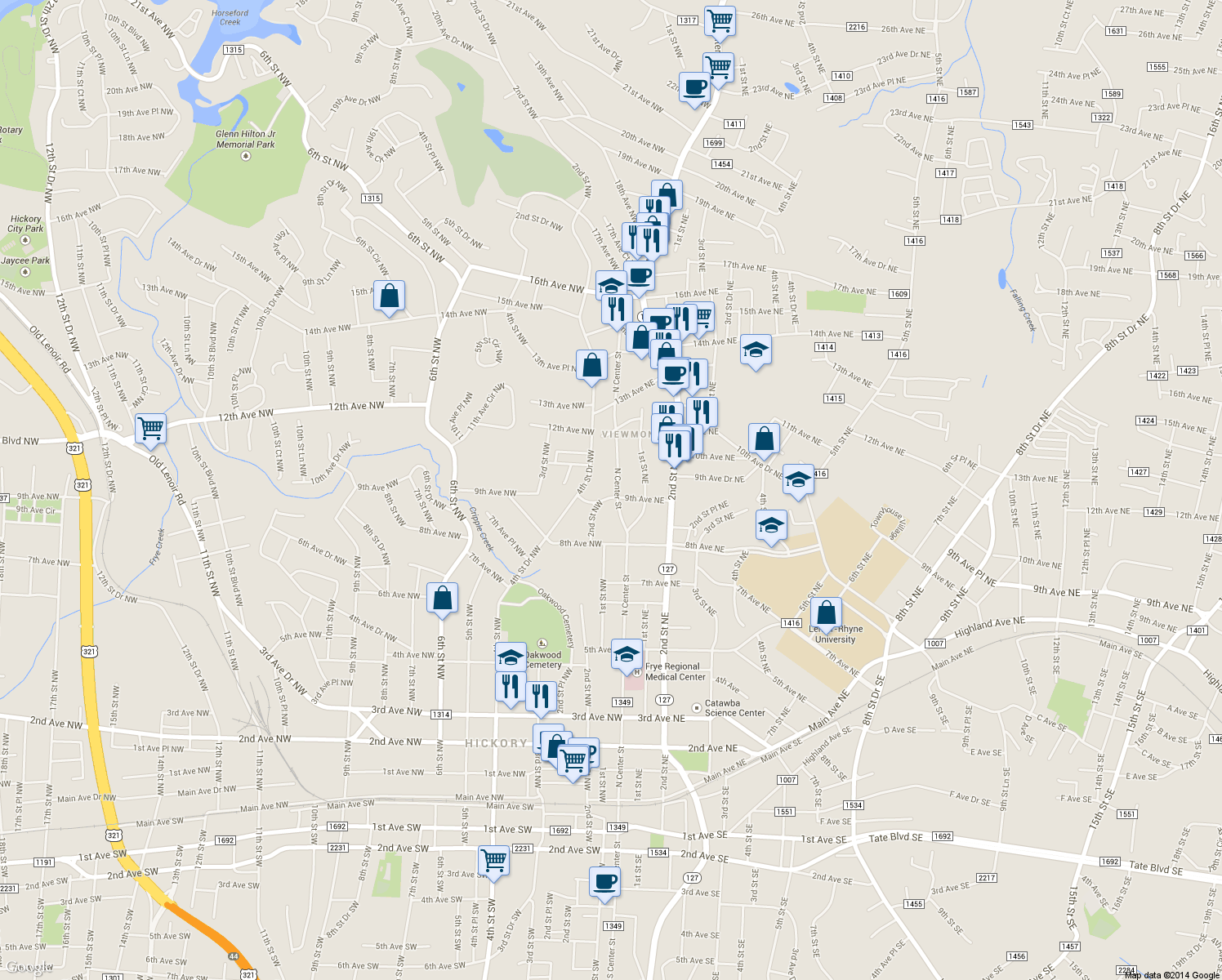 map of restaurants, bars, coffee shops, grocery stores, and more near 917 North Center Street in Hickory