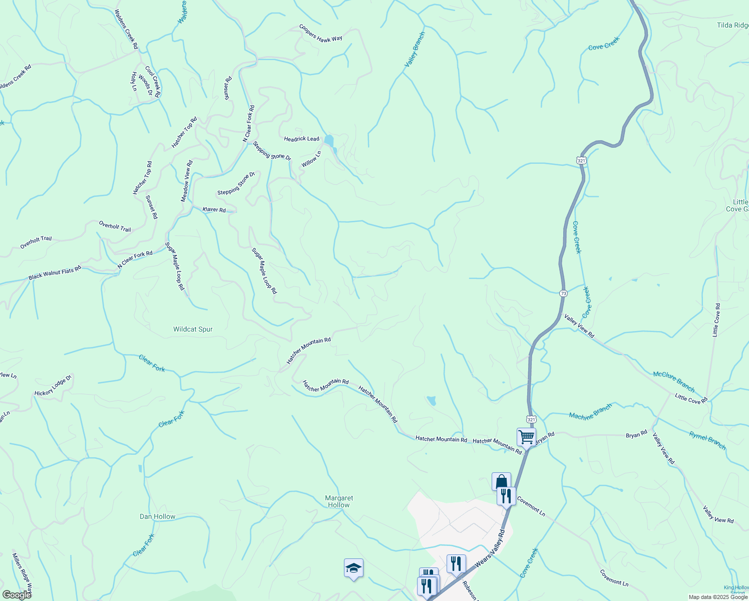 map of restaurants, bars, coffee shops, grocery stores, and more near 2245 Spurling Way in Sevierville
