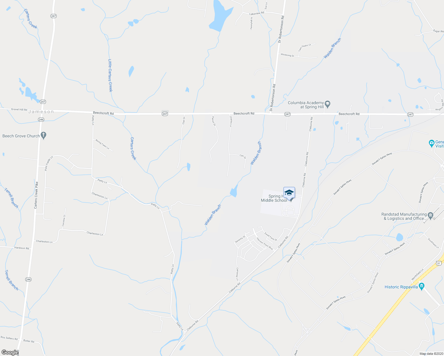 map of restaurants, bars, coffee shops, grocery stores, and more near 664 Charles Lane in Spring Hill