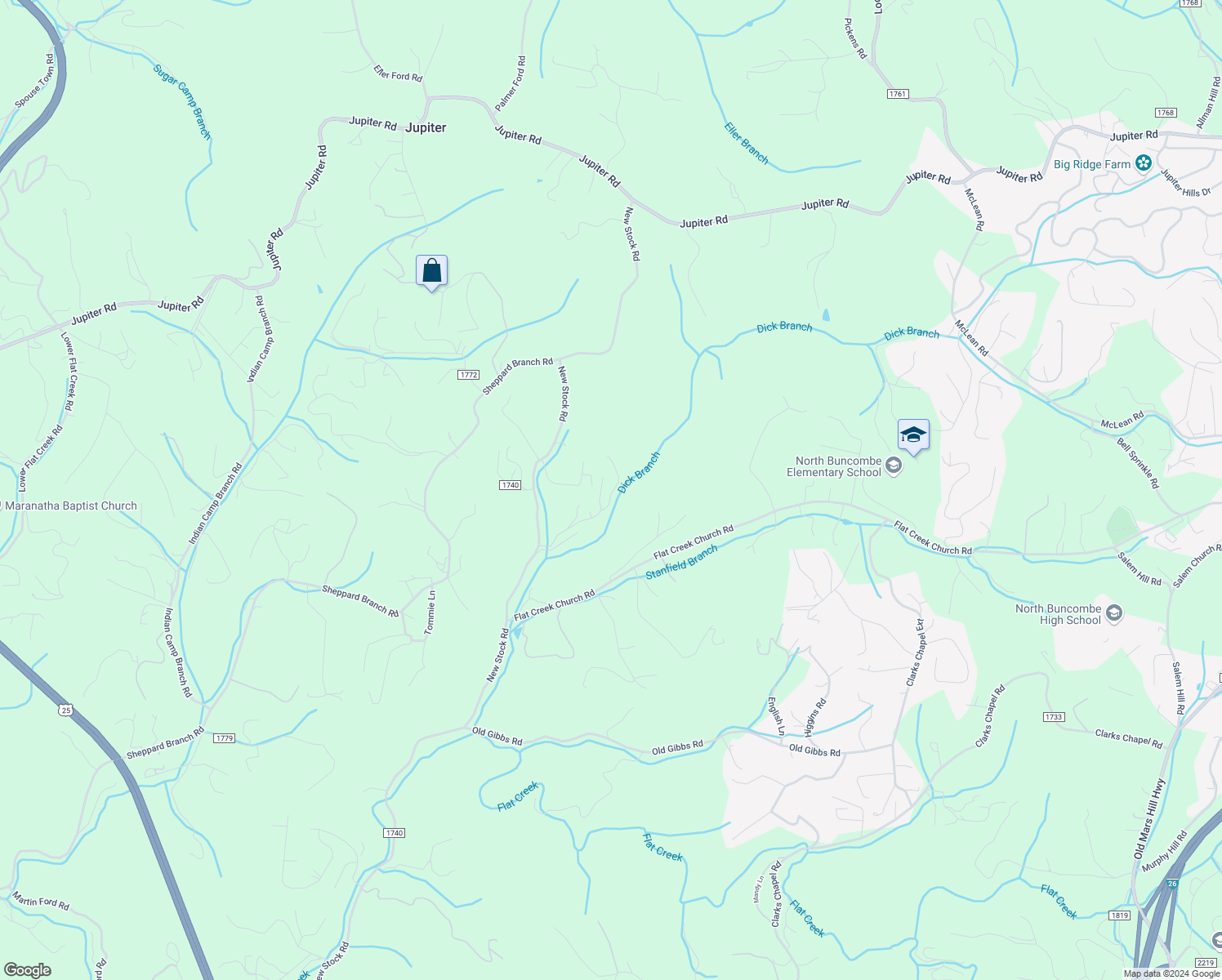 map of restaurants, bars, coffee shops, grocery stores, and more near 70 Ridge Creek Drive in Weaverville