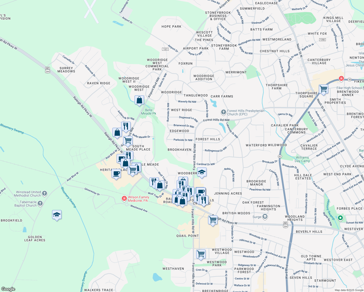 map of restaurants, bars, coffee shops, grocery stores, and more near 1403 Tanglewood Drive Northwest in Wilson