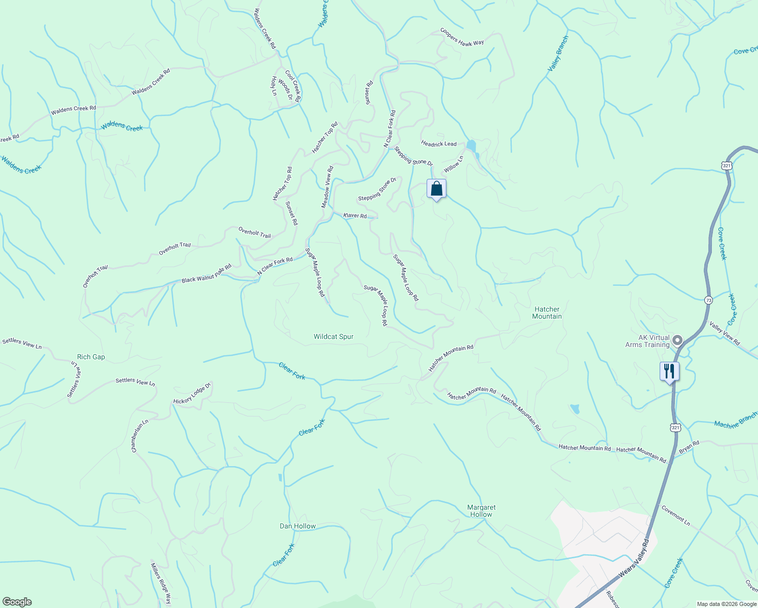 map of restaurants, bars, coffee shops, grocery stores, and more near 3325 Shagbark Hickory Ridge in Sevierville