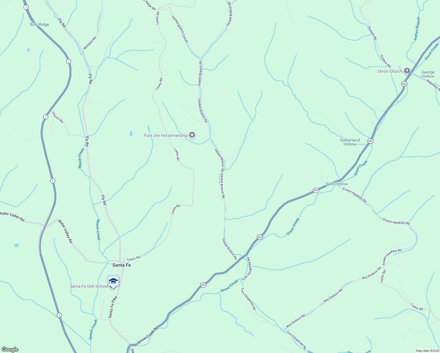map of restaurants, bars, coffee shops, grocery stores, and more near 5323-5345 Gaskill Branch Road in Santa Fe
