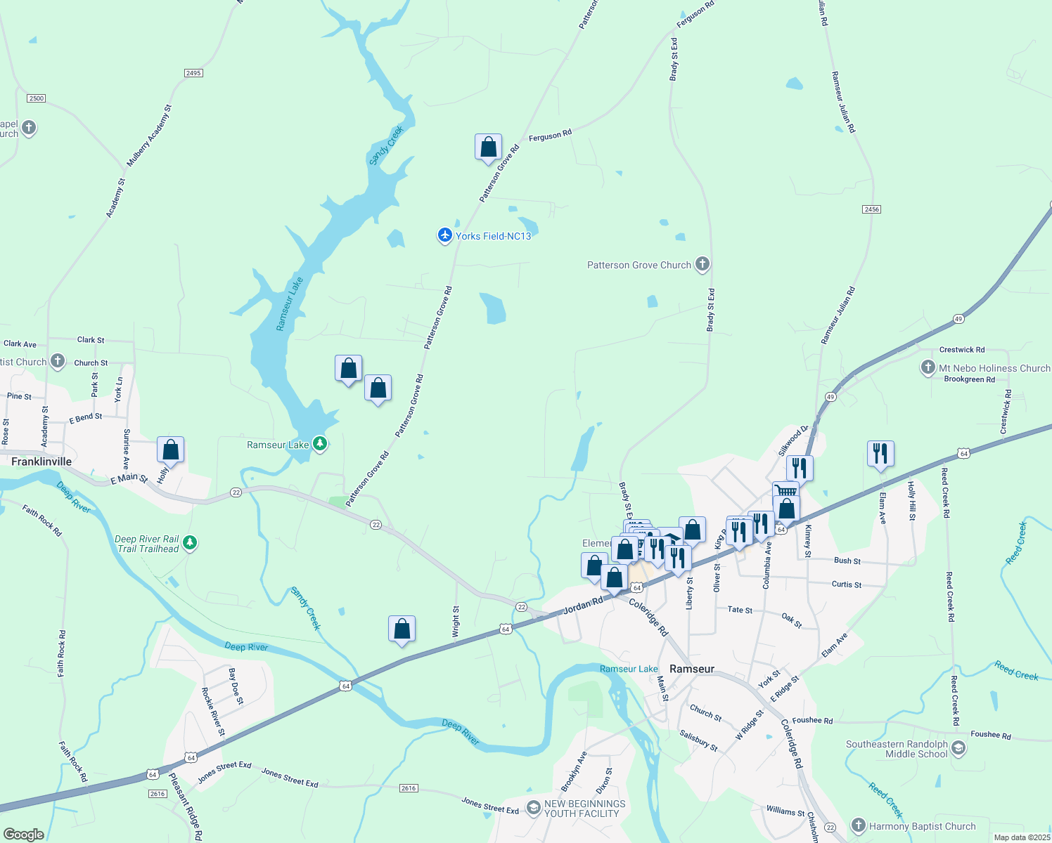 map of restaurants, bars, coffee shops, grocery stores, and more near 713 Brady Street Ext in Ramseur