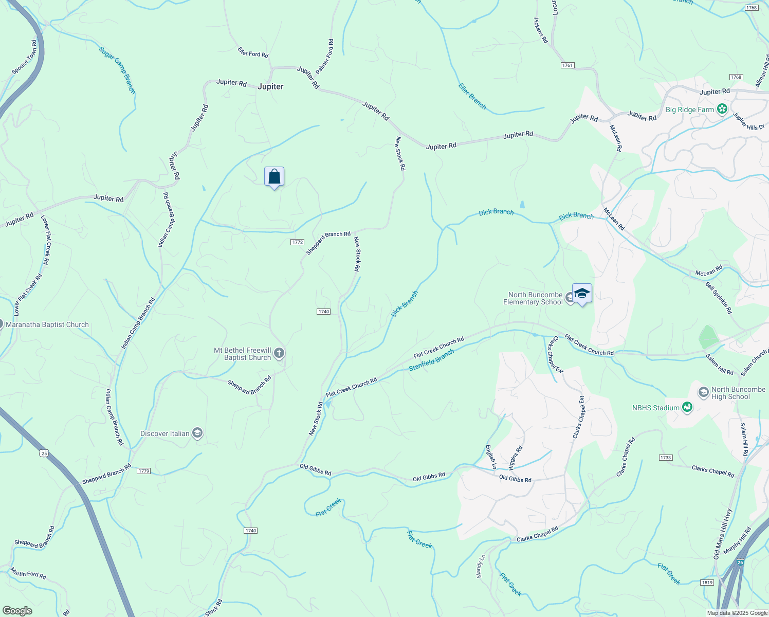 map of restaurants, bars, coffee shops, grocery stores, and more near 70 Ridge Creek Drive in Weaverville
