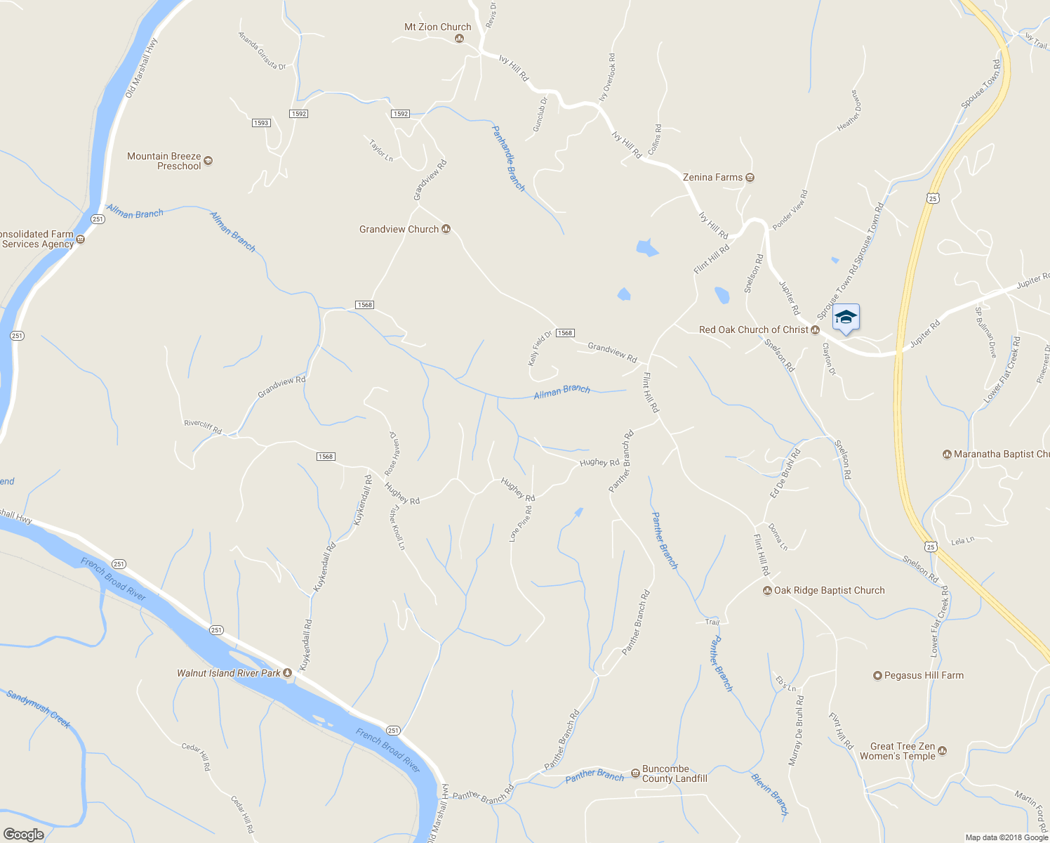 map of restaurants, bars, coffee shops, grocery stores, and more near 59 Hughey Road in Alexander