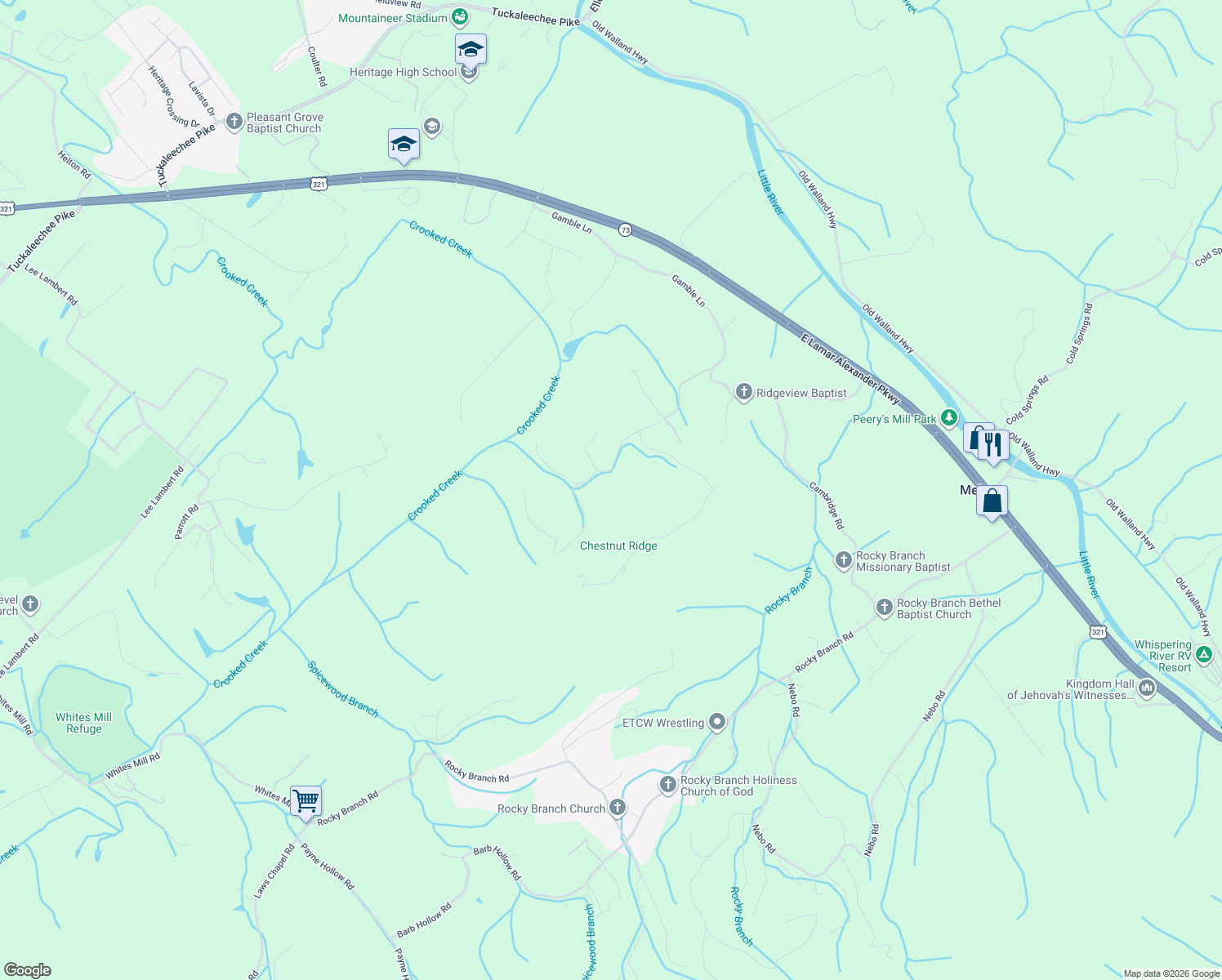 map of restaurants, bars, coffee shops, grocery stores, and more near 331 Chestnut Ridge Road in Walland