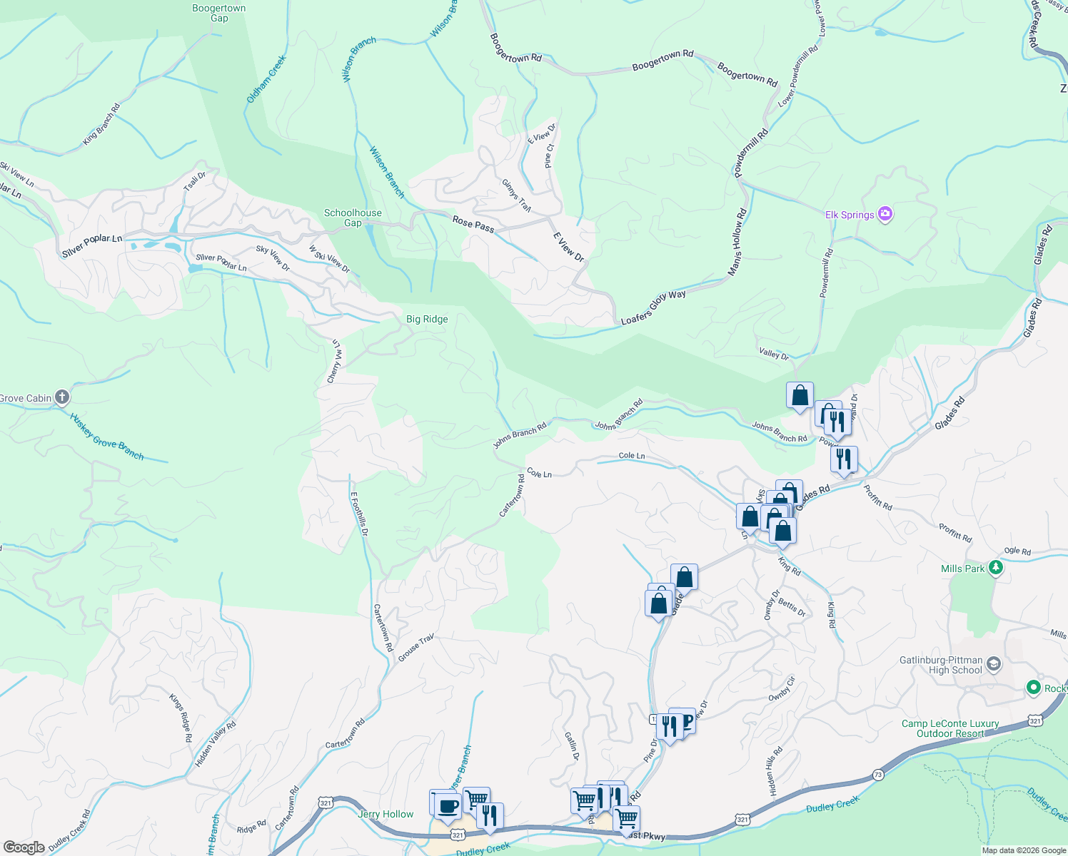 map of restaurants, bars, coffee shops, grocery stores, and more near 846 Maple Hill Way in Gatlinburg