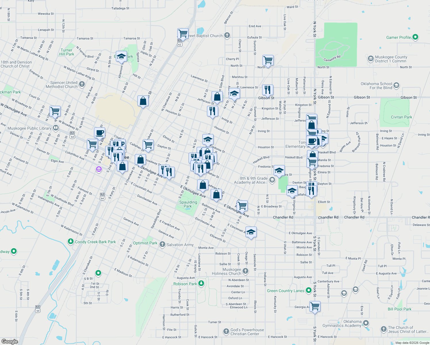 map of restaurants, bars, coffee shops, grocery stores, and more near 324 North K Street in Muskogee