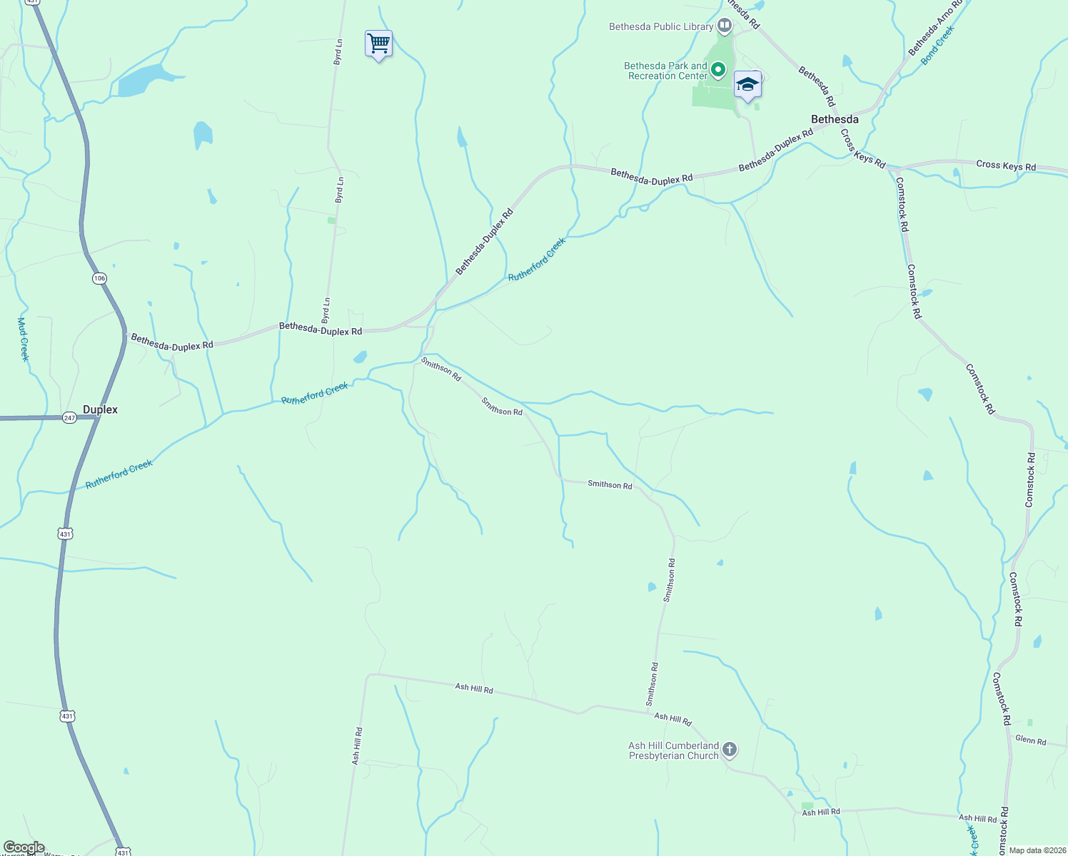 map of restaurants, bars, coffee shops, grocery stores, and more near Smithson Road in College Grove