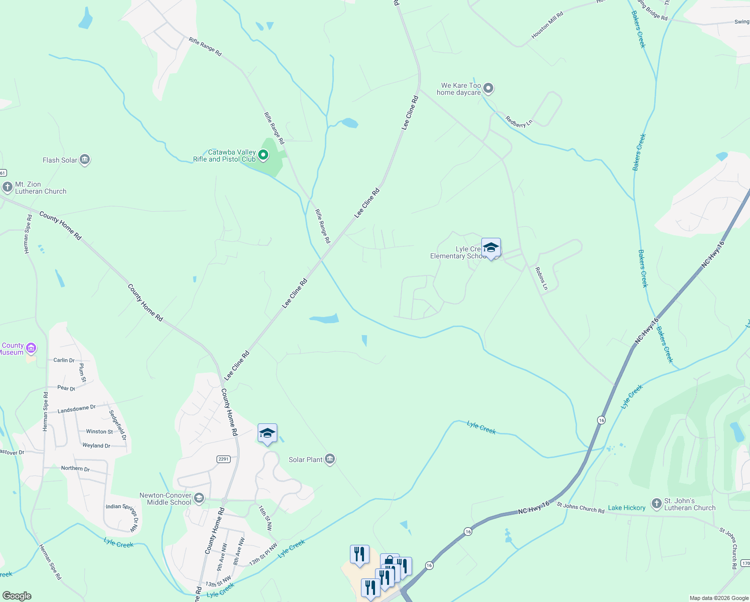 map of restaurants, bars, coffee shops, grocery stores, and more near 4228 Lee Cline Road in Conover
