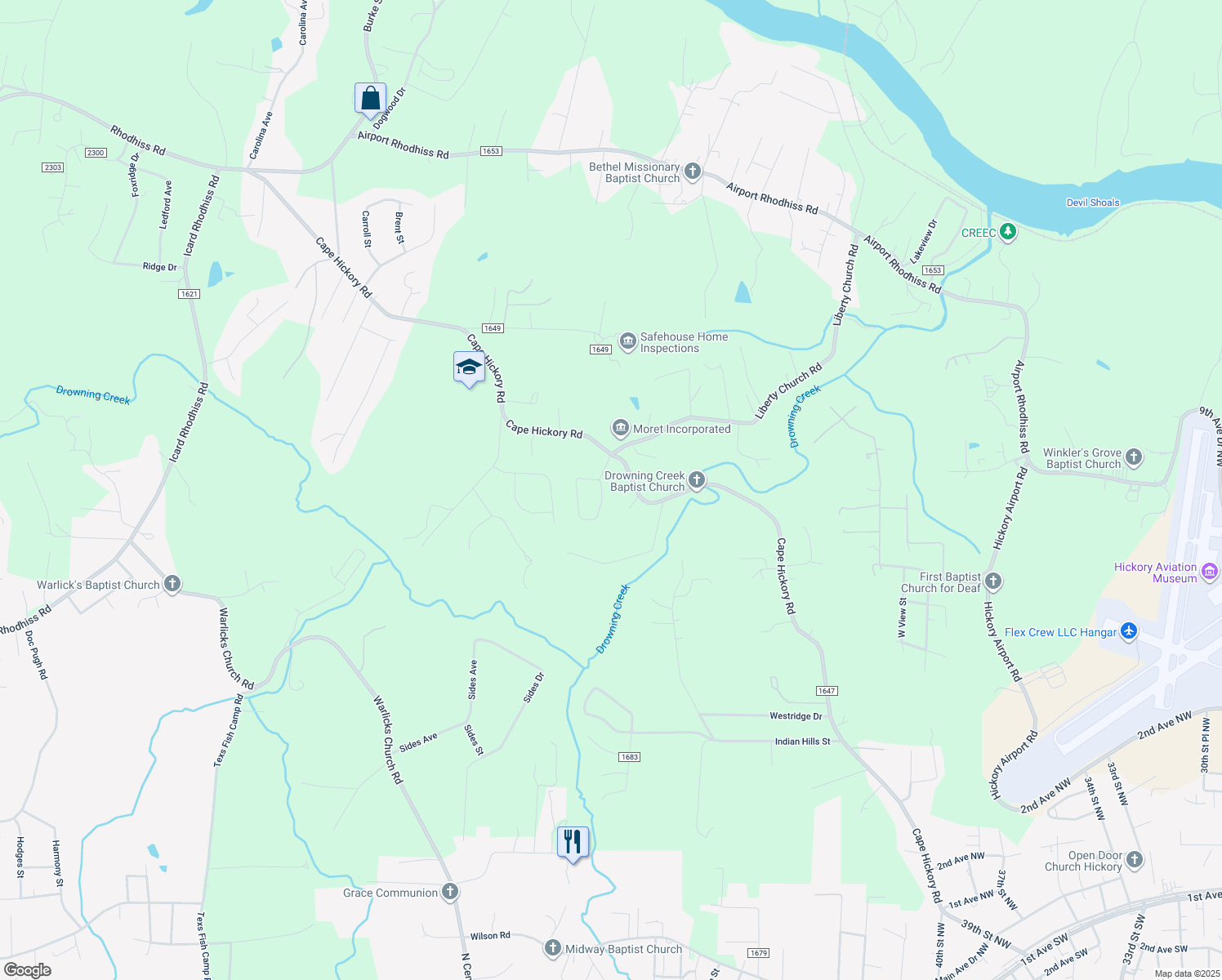 map of restaurants, bars, coffee shops, grocery stores, and more near 2924 Cliftwood Circle in Hickory