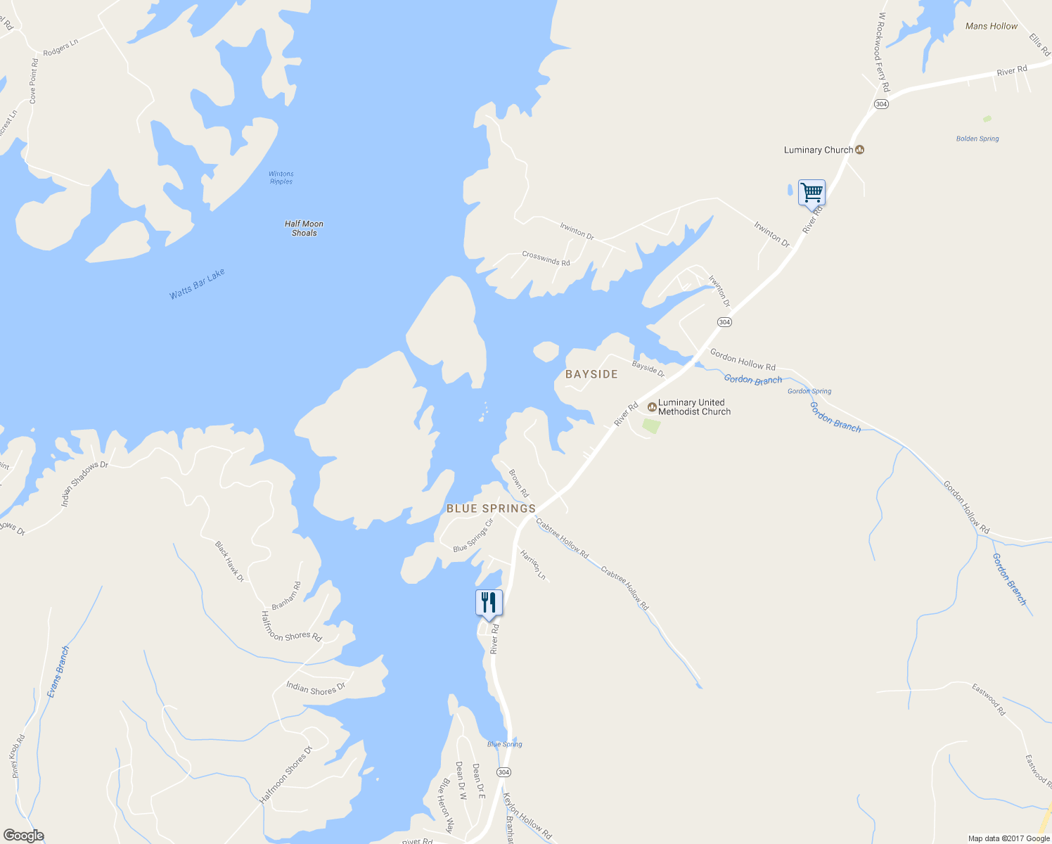 map of restaurants, bars, coffee shops, grocery stores, and more near 165 Gordon Drive in Ten Mile