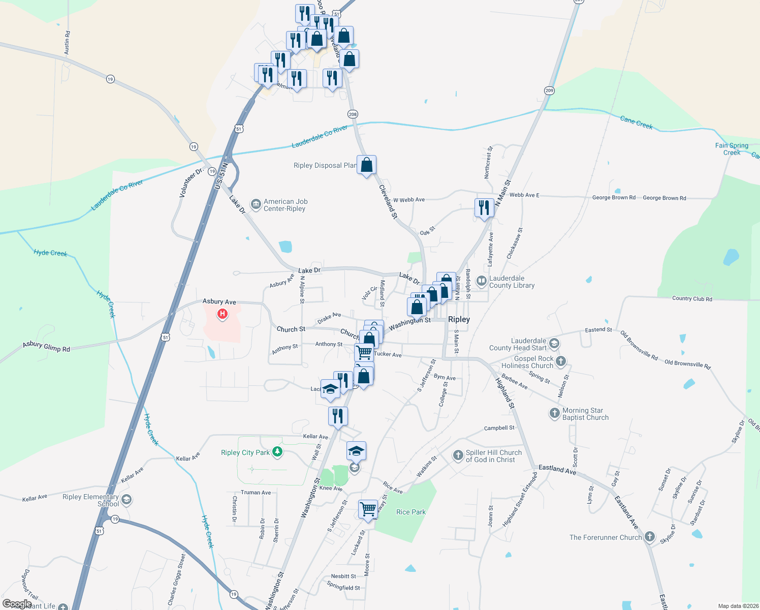 map of restaurants, bars, coffee shops, grocery stores, and more near 126 Midland St in Ripley