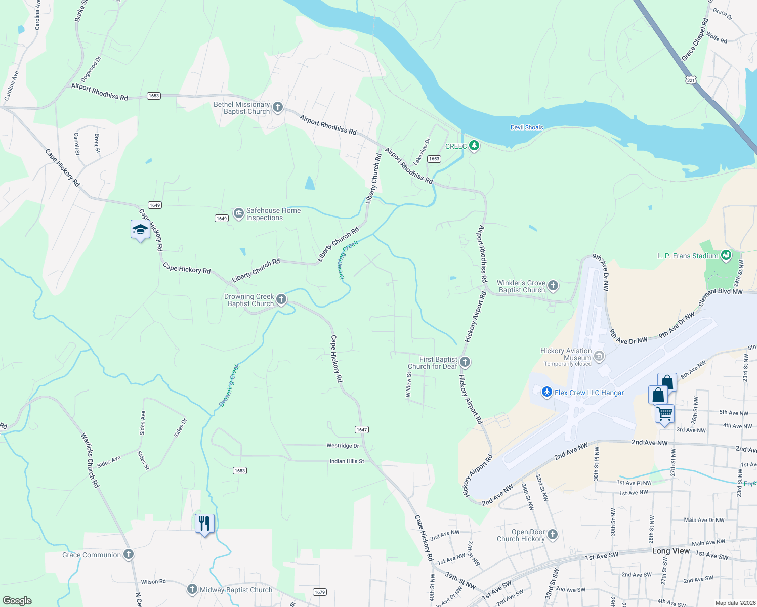map of restaurants, bars, coffee shops, grocery stores, and more near 2490 West View Acres Avenue Extension in Hickory