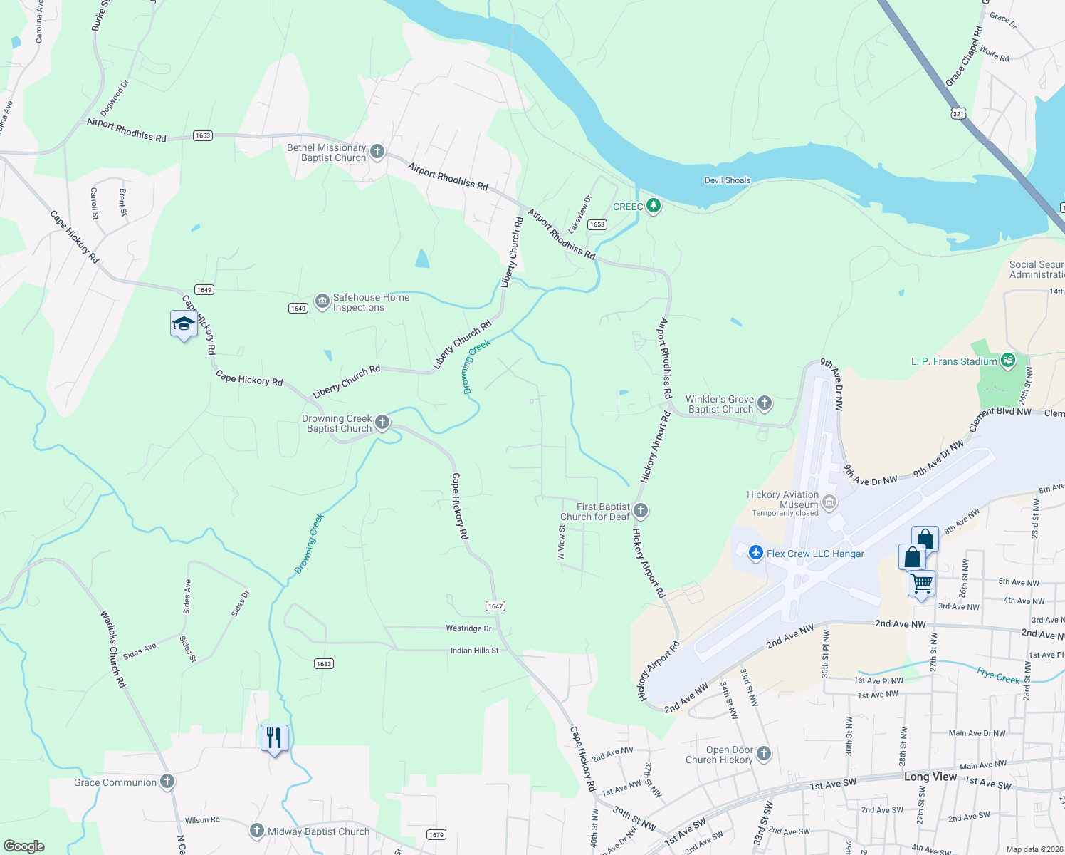 map of restaurants, bars, coffee shops, grocery stores, and more near 2490 West View Acres Avenue Extension in Hickory