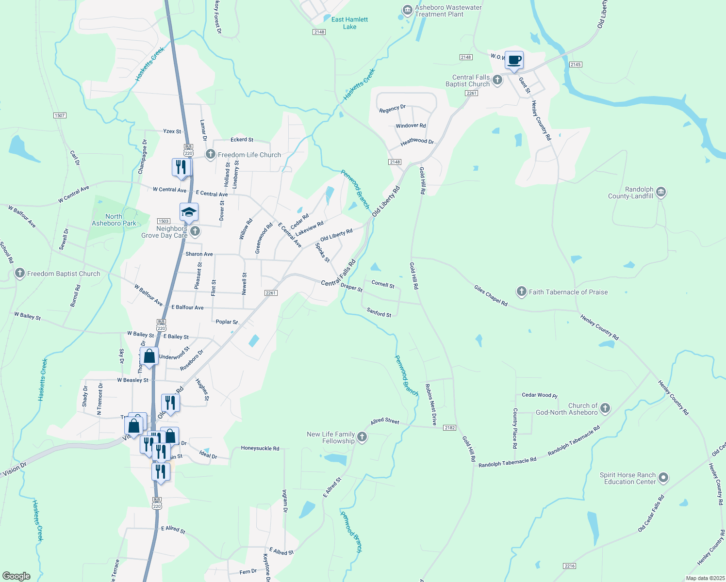 map of restaurants, bars, coffee shops, grocery stores, and more near 1817 Rayburn Street in Asheboro