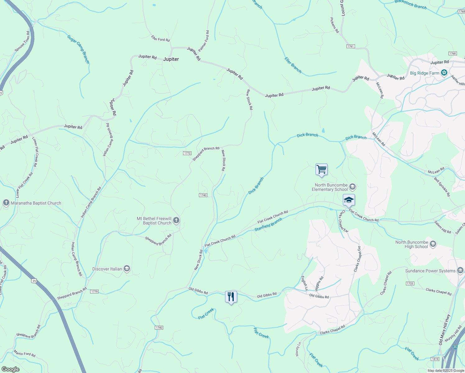 map of restaurants, bars, coffee shops, grocery stores, and more near 48 East Ponder Way in Weaverville