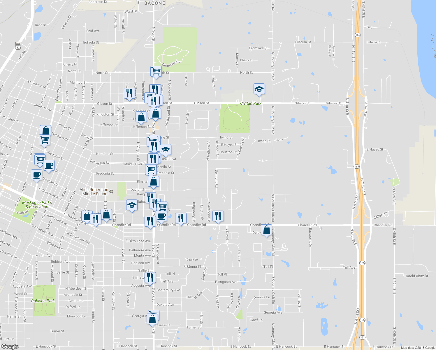 map of restaurants, bars, coffee shops, grocery stores, and more near 508 Belmont Road in Muskogee