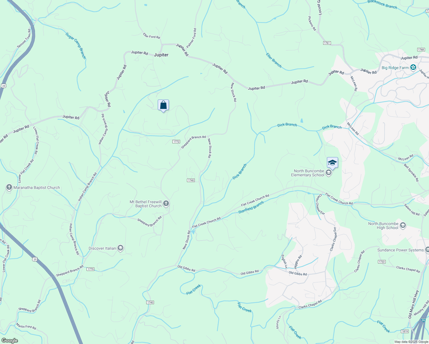 map of restaurants, bars, coffee shops, grocery stores, and more near 48 East Ponder Way in Weaverville