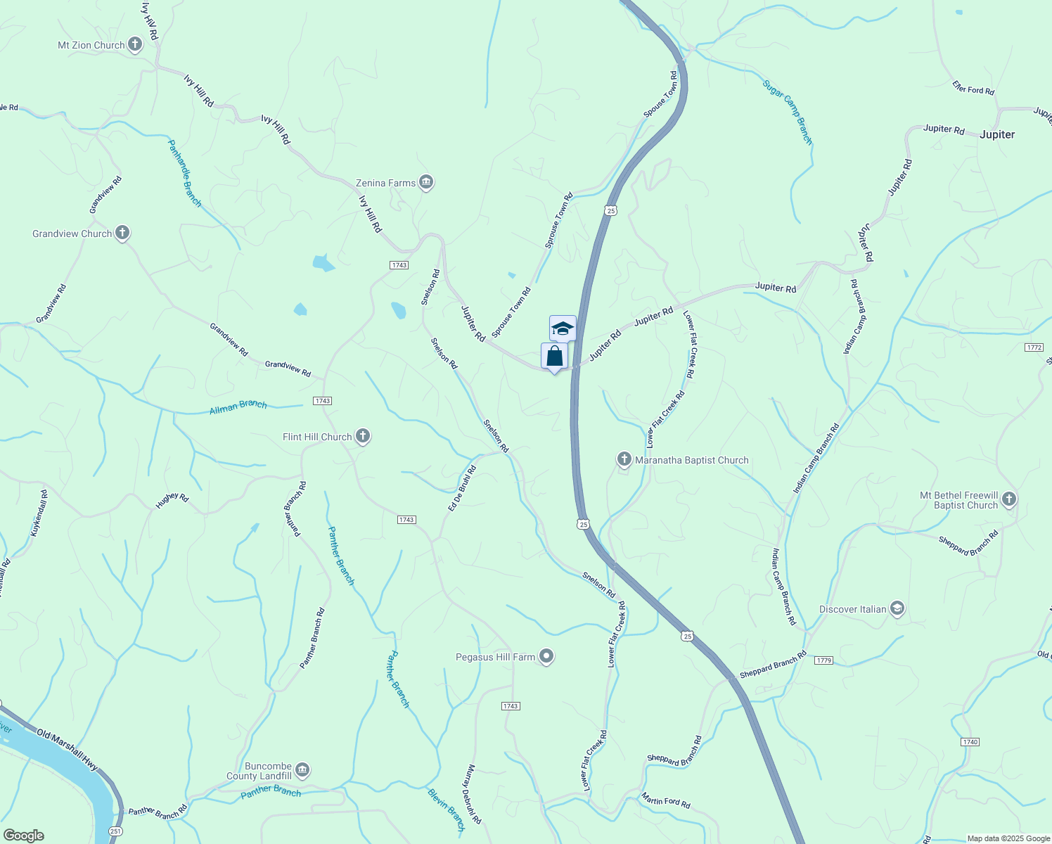 map of restaurants, bars, coffee shops, grocery stores, and more near 99 Clayton Drive in Weaverville
